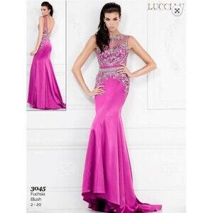 Lucci Lu Rhinestone Fitted Low Back Dress 3045 Fuchsia